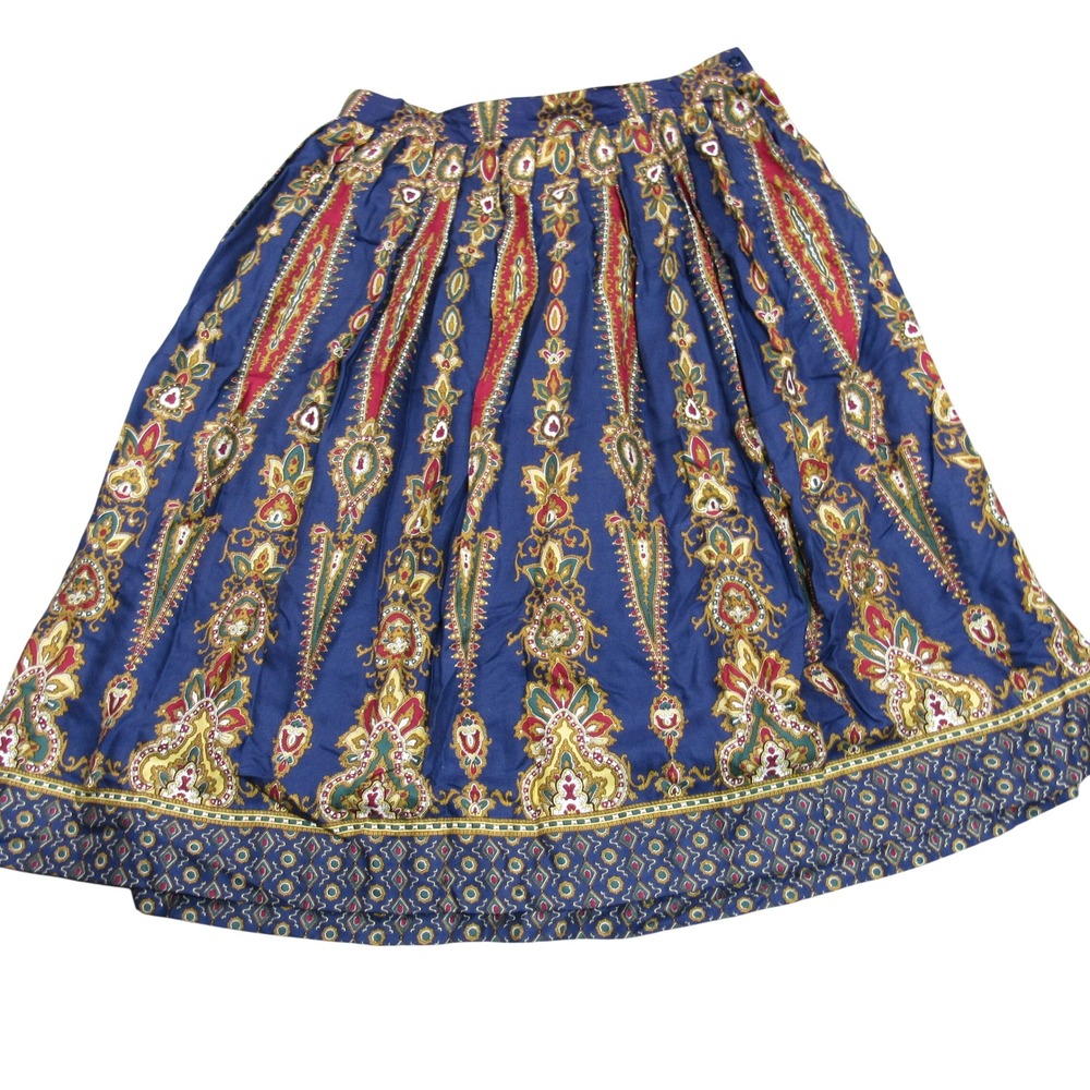 Herman Geist Vintage Paisley Pleated Midi Skirt Navy Blue Wool Blend‎ Size 16
